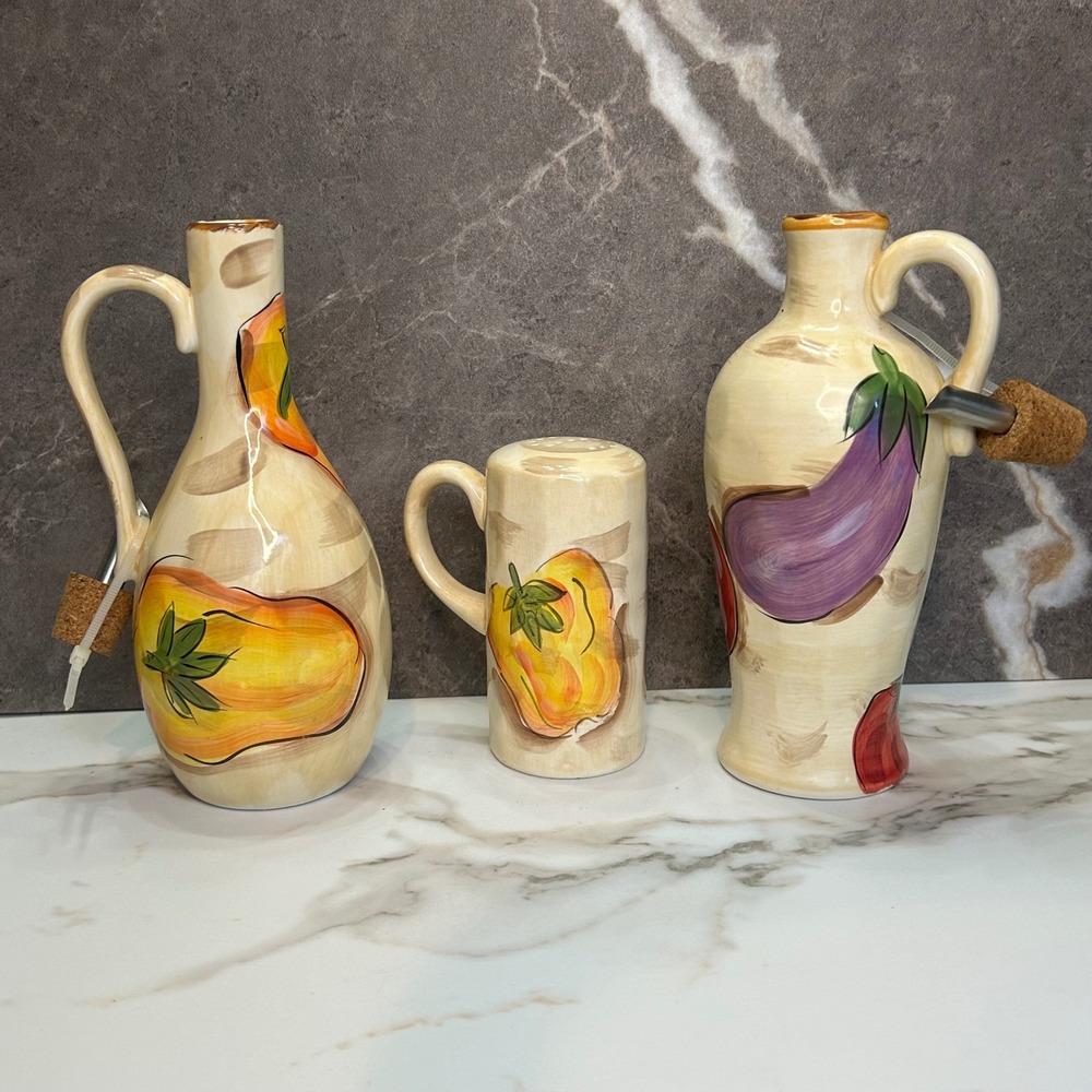 Tabletops Unlimited Sayur Ceramic Oil Vinegar Cruet Shaker Set Hand Painted 3pc